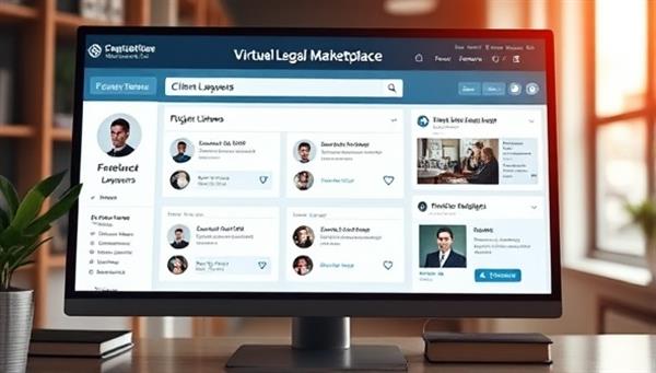 An engaging visual of a virtual legal marketplace interface on a computer screen, displaying profiles of freelance lawyers, client reviews, and project listings, conveying the concept of connecting legal talent with service seekers seamlessly.