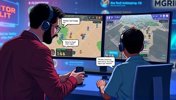 An artistic representation of a mentor guiding a mentee through a virtual gaming world, with split-screen gameplay analysis, strategy discussions, and skill improvement tips, illustrating the concept of personalized mentorship and skill development in gaming.