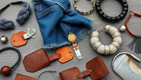An artistic flat lay of upcycled fashion accessories arranged creatively, showcasing the diverse textures and colors of repurposed materials like denim, leather, and metal, with a sustainable and stylish aesthetic that emphasizes the beauty of eco-friendly fashion.
