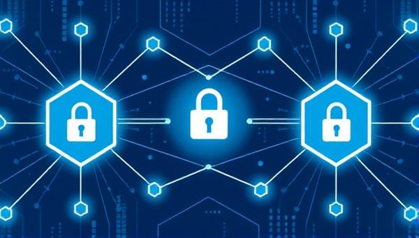 An illustration of interconnected blockchain blocks representing secure design transactions between clients and designers on a decentralized platform, highlighting transparency and trust in the blockchain-powered design marketplace.