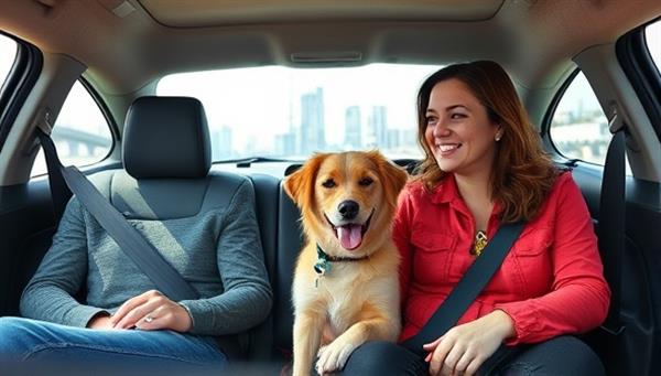 A heartwarming image of a pet owner and their furry companion comfortably seated in a PawsRide vehicle, with pet-friendly amenities and safety features visible, evoking a sense of care and companionship associated with the pet-friendly ride-sharing service, set against a backdrop of a city skyline or nature scenery.