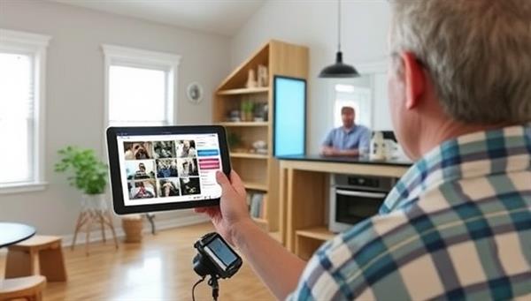 A virtual home inspection session in progress, with a certified inspector using a tablet to capture images and notes during the inspection, while the client follows along on a video call, creating a seamless and interactive inspection experience.