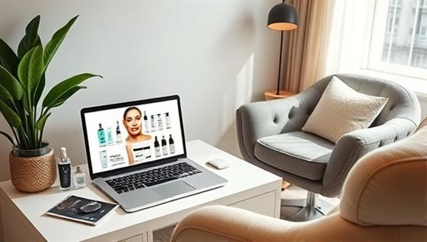 A sleek and modern virtual skincare consultation setup featuring a laptop with skincare products displayed on the screen, alongside a cozy corner with skincare essentials and a plush chair, creating a luxurious and personalized skincare experience.