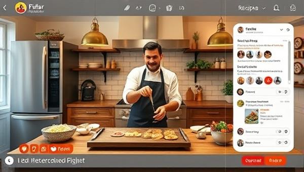 An inviting virtual kitchen setup on the platform, featuring a live cooking demonstration by a professional chef, interactive recipe cards, and a chat section for users to ask questions and engage with the chef, creating a dynamic and educational culinary experience.