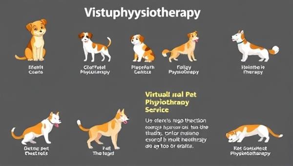 An engaging infographic showing different pet physiotherapy exercises with animated pets demonstrating each movement, highlighting the benefits of virtual pet physiotherapy services.