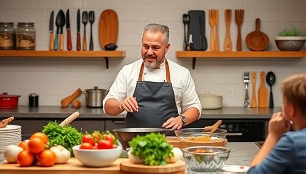 An enticing virtual cooking class setup with a celebrity chef demonstrating a recipe, ingredients neatly arranged, cooking utensils in the background, and participants following along from their own kitchens, creating a sense of culinary learning and connection.