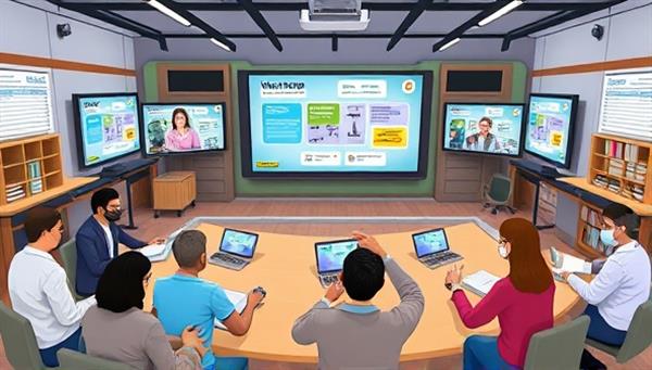 A virtual workshop setup with a diverse group of avatars engaging in interactive learning activities, with digital screens displaying workshop topics, tools, and resources, fostering a collaborative and dynamic learning environment at SkillCraft Academy.