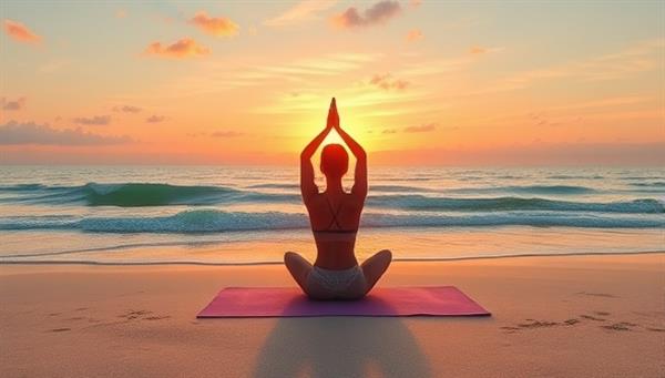 A serene digital illustration of a virtual wellness retreat setting, featuring a tranquil yoga session on a peaceful beach, surrounded by calming ocean waves and a picturesque sunset, evoking a sense of relaxation and inner peace.