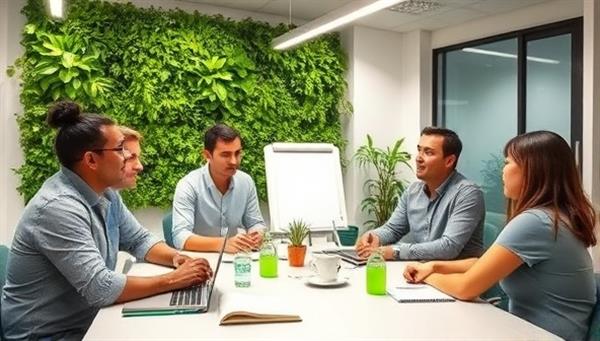An office setting with a vibrant green plant wall, eco-friendly office supplies, and employees engaged in a sustainability brainstorming session, reflecting a commitment to green business practices.