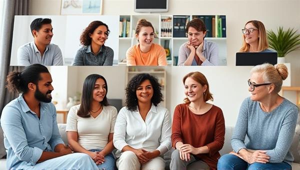 An image of diverse individuals engaged in a virtual support group meeting, sharing experiences, resources, and encouragement within the ChronoCare Community, illustrating solidarity, understanding, and empowerment in chronic illness management.