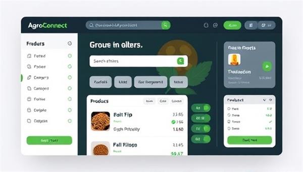 An engaging digital interface mockup of AgroConnect Marketplace showcasing a user-friendly design with intuitive search filters, real-time product listings, and secure transaction features, emphasizing transparency and convenience for users.