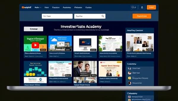 An online platform interface displaying a variety of real estate investment courses, interactive tools, and a vibrant community forum, illustrating the comprehensive and engaging learning experience offered by InvestPro Academy.