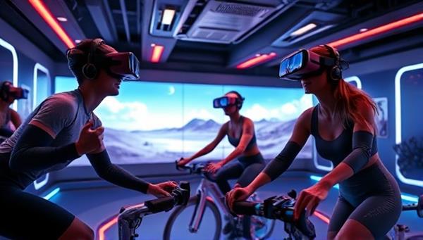 A futuristic gym setting with individuals wearing VR headsets, engaging in a virtual cycling race with digital landscapes and motivational challenges, creating an immersive and dynamic fitness environment.