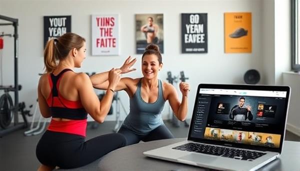 A virtual fitness coach leading an energetic workout session via video call, surrounded by workout equipment, motivational posters, and a laptop displaying the FitStream Coach platform interface.