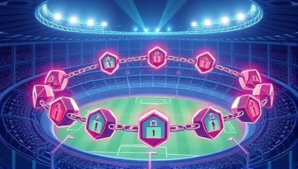 An illustration of interconnected blockchain blocks forming a chain around a sports stadium, symbolizing the integration of blockchain technology with sports betting in a secure and transparent manner.
