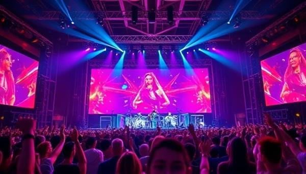 A dynamic and vibrant virtual concert stage with colorful lights, energetic performers, and a virtual crowd of cheering avatars, capturing the excitement and energy of a live music event in a digital space.