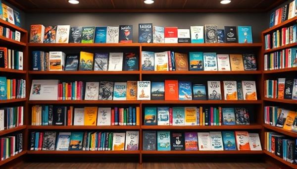 A vibrant digital content library display with virtual shelves filled with e-books, podcast thumbnails, course modules, and artistic digital creations, creating a visual representation of the diverse and exciting content offerings in a ContentCraze Box.
