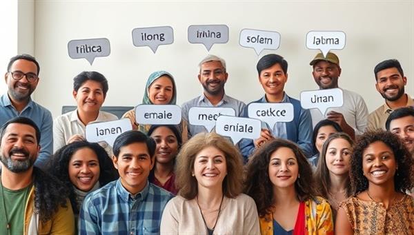 A diverse group of people from various cultural backgrounds participating in a virtual language learning session, with speech bubbles showing different languages being spoken, creating a vibrant and inclusive atmosphere.