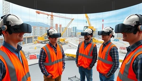 An engaging visual representation of construction workers wearing VR headsets and interacting with virtual construction sites, equipment, and safety scenarios, illustrating the immersive and interactive training experience offered by BuildSim VR.