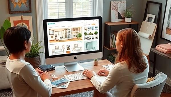 An artistic rendering of a virtual interior design consultation session with a designer showcasing digital room layouts, color schemes, and decor suggestions on a computer screen, surrounded by design samples and mood boards, creating a virtual design studio atmosphere.