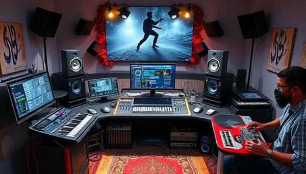 An artistic representation of a virtual music studio setup with digital audio workstations, MIDI controllers, and studio monitors, surrounded by creative musical elements and a diverse group of students collaborating on music projects, capturing the essence of a dynamic and collaborative music production academy.