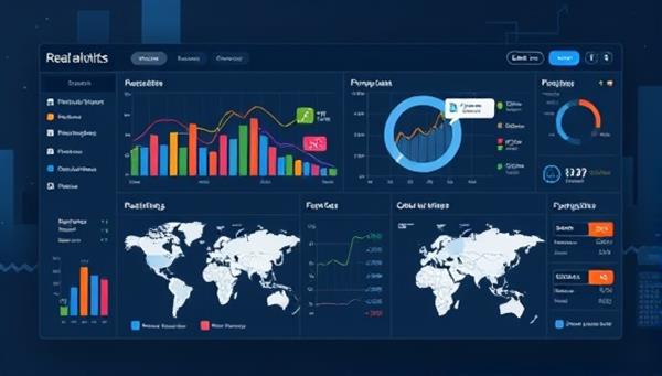 An illustration of a real estate analytics platform dashboard displaying interactive graphs, charts, and maps with real-time property data and market trends, symbolizing the power of data insights in the real estate industry.