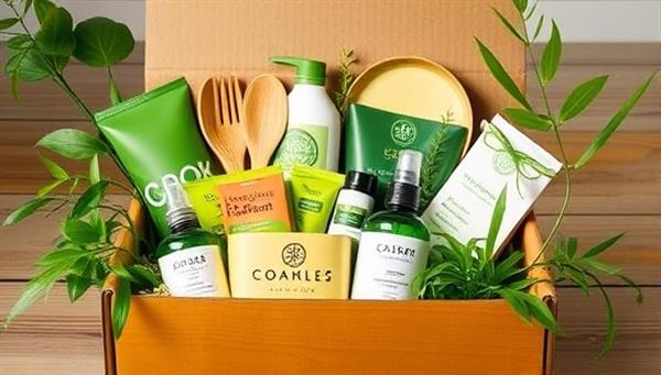 An aesthetically pleasing, eco-conscious box overflowing with vibrant green products like bamboo utensils, organic beauty items, and plant-based cleaning supplies, symbolizing sustainability and a commitment to the environment.
