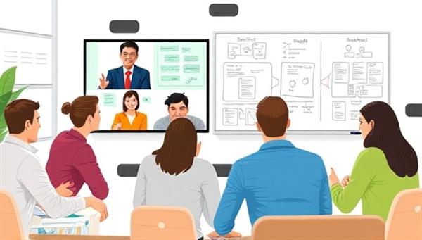 An engaging visual of a virtual team building session with employees participating in a collaborative online game, a virtual whiteboard for brainstorming ideas, and a team leader facilitating discussions, illustrating teamwork and camaraderie in a virtual workspace.
