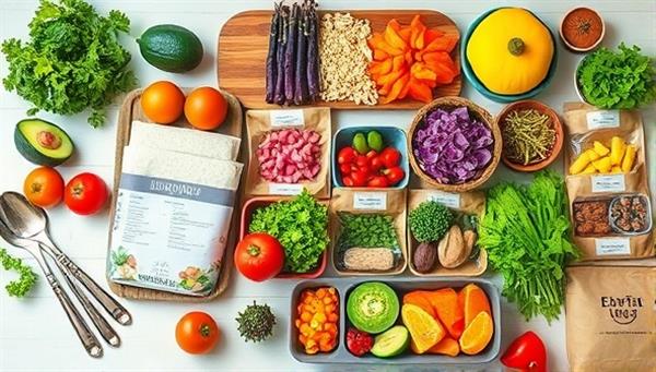 An array of vibrant plant-based ingredients neatly arranged in eco-friendly packaging, alongside recipe cards and cooking utensils, creating a colorful and inviting scene that promotes healthy and sustainable cooking.