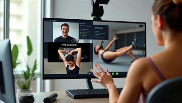 An engaging visual of a fitness coach conducting a virtual training session with a client via a telecommunications platform, showing workout demonstrations and providing motivational support, illustrating the personalized and interactive nature of the service.