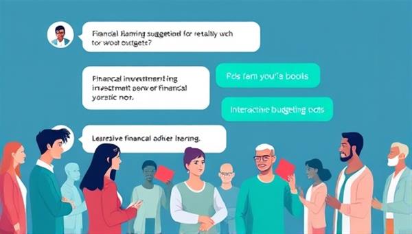 An AI chatbot interface displaying financial planning suggestions, investment tips, and interactive budgeting tools, with a diverse group of users engaging with the chatbot for personalized financial advice and learning, symbolizing convenience and expertise in AI-powered financial guidance.