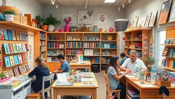 An inviting image of a cozy craft studio filled with colorful art supplies, workstations, and finished craft projects displayed on shelves, with customers of all ages engaged in creative activities and enjoying the crafting experience together.
