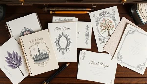 A beautifully styled flat lay of personalized stationery items, including custom-designed notebooks, greeting cards with unique illustrations, and bespoke writing paper with elegant motifs, arranged on a vintage writing desk, evoking a sense of creativity and personal expression through stationery.