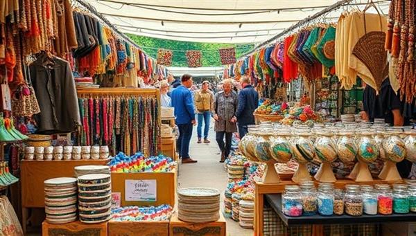 A vibrant market setting filled with unique artisanal products made from recycled materials, with artists interacting with customers and demonstrating their crafting techniques, creating a colorful and sustainable shopping experience.