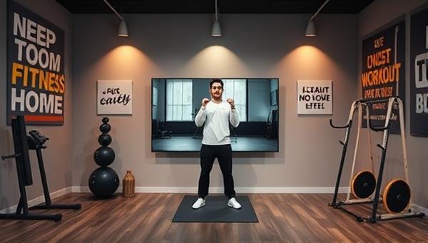 A digital fitness studio setting with a virtual coach leading a workout session on a screen, surrounded by motivational fitness quotes and energetic workout equipment, capturing the essence of virtual fitness coaching offered by FitFlex Virtual Coach.