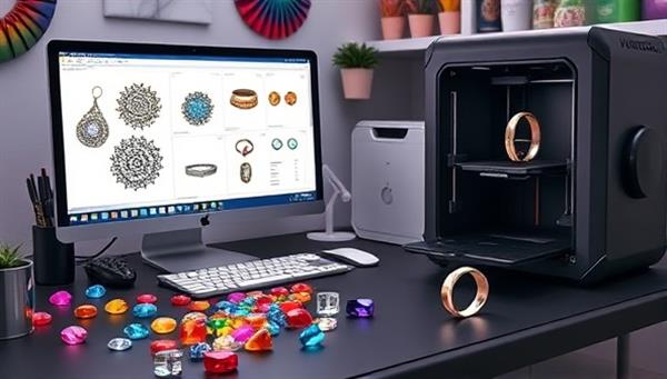 A vibrant and artistic workspace with a computer displaying intricate 3D jewelry designs, colorful gemstones scattered on a work desk, and a 3D printer producing a custom ring, conveying creativity and innovation.