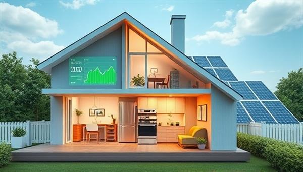 An innovative visualization of a smart home equipped with EcoSmart Energy devices, showing energy consumption data on a digital dashboard, smart appliances adjusting settings for optimal efficiency, and solar panels powering the home, illustrating a sustainable and tech-savvy living environment.