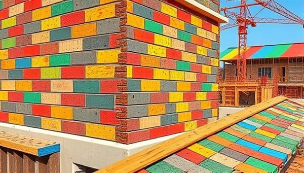 An eye-catching image of a construction site using recycled plastic building materials, showcasing colorful modular bricks, insulated panels, and roofing tiles made from recycled plastic, highlighting sustainability and innovation in construction practices.