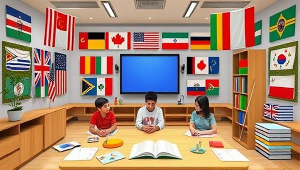 A vibrant virtual language classroom setting with diverse flags, language textbooks, and digital language learning tools, where participants engage in interactive lessons, cultural discussions, and language exchange activities, fostering a sense of global connection and language proficiency in a virtual learning environment.