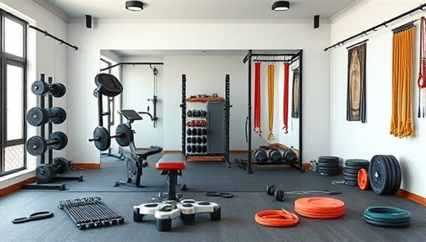 A dynamic and energetic visualization featuring a custom home gym setup with personalized fitness equipment, including adjustable dumbbells, a multipurpose exercise bench, and resistance bands, all arranged in a sleek and modern fitness space that inspires motivation and creativity in workout routines.
