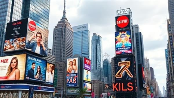 An urban skyline featuring digital billboards displaying dynamic and engaging ads for local businesses, events, and promotions, illustrating the visual impact and versatility of digital billboard advertising in a bustling cityscape.