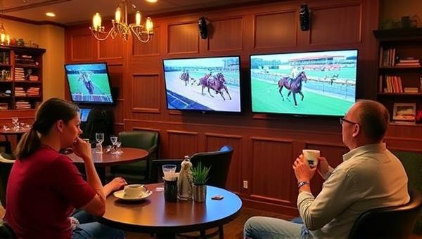 A cozy and inviting cafe setting with virtual horse racing simulators, customers enjoying coffee and snacks, and immersive screens displaying thrilling races, creating a blend of excitement, relaxation, and social interaction at the SteedSpeed Racing Cafe.