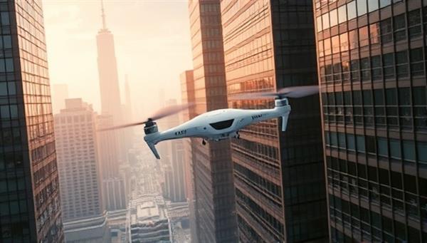 An aerial view of a futuristic cityscape with eVTOL aircraft flying between skyscrapers, showcasing the speed and convenience of urban air taxi services.
