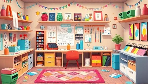 An imaginative craft room setting featuring a colorful array of crafting tools, materials, and finished DIY projects displayed in a whimsical and inspiring environment, inviting viewers to explore their creativity and join the virtual crafting community.