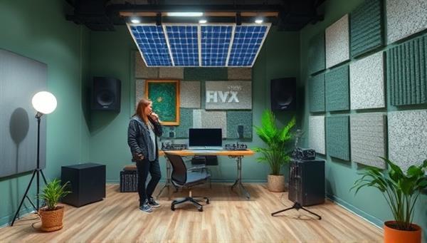 A modern and sustainable podcast studio setup featuring renewable energy sources, recycled soundproofing materials, and eco-friendly recording equipment, creating a harmonious blend of technology and environmental responsibility at GreenWave Studios.