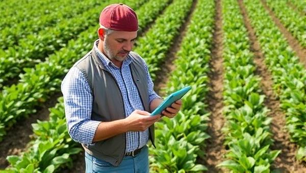 An agricultural consultant using a tablet to analyze data on crop health and soil conditions in a lush green field, illustrating the integration of technology and agriculture for optimal results.