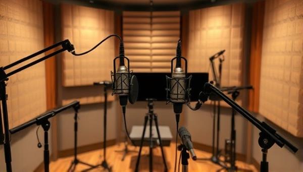 An artistic representation of a podcast studio setup, with microphones, soundproofing panels, and recording equipment, capturing the essence of a professional and engaging podcast production environment.