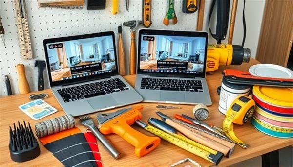 An array of DIY renovation tools neatly arranged on a workbench, alongside a laptop displaying a renovation course video, surrounded by paint swatches and measuring tapes, illustrating the essence of DIY home renovation education.