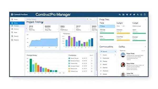 An interface mockup of ConstructPro Manager displaying project timelines, budget tracking tools, and communication features, highlighting the software