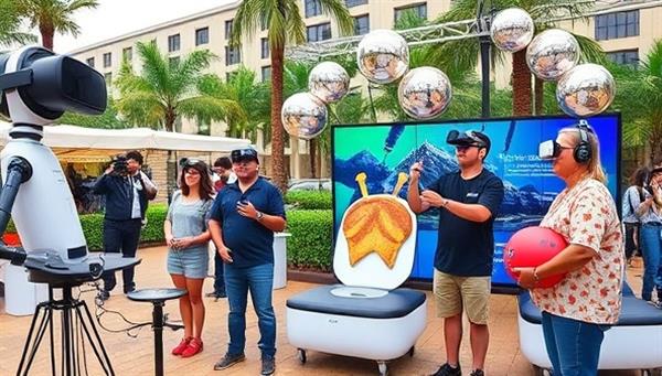 An interactive VR setup in a vibrant outdoor setting, showcasing delighted customers experiencing virtual adventures, surrounded by futuristic VR equipment and enthusiastic staff members, conveying excitement and innovation.